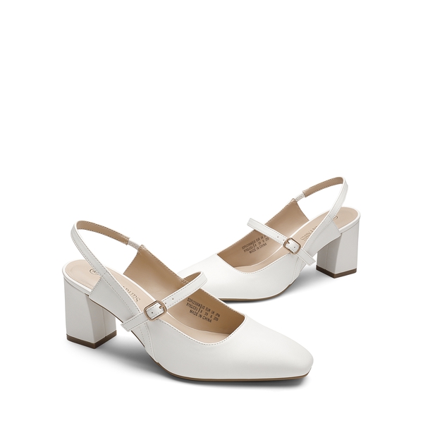 Mary Jane Slingback Chunky Heel Pumps - WHITE PU - 4